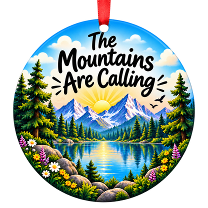 The Mountains Are Calling camping Christmas ornament mockup