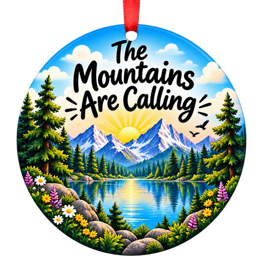 The Mountains Are Calling camping Christmas ornament mockup