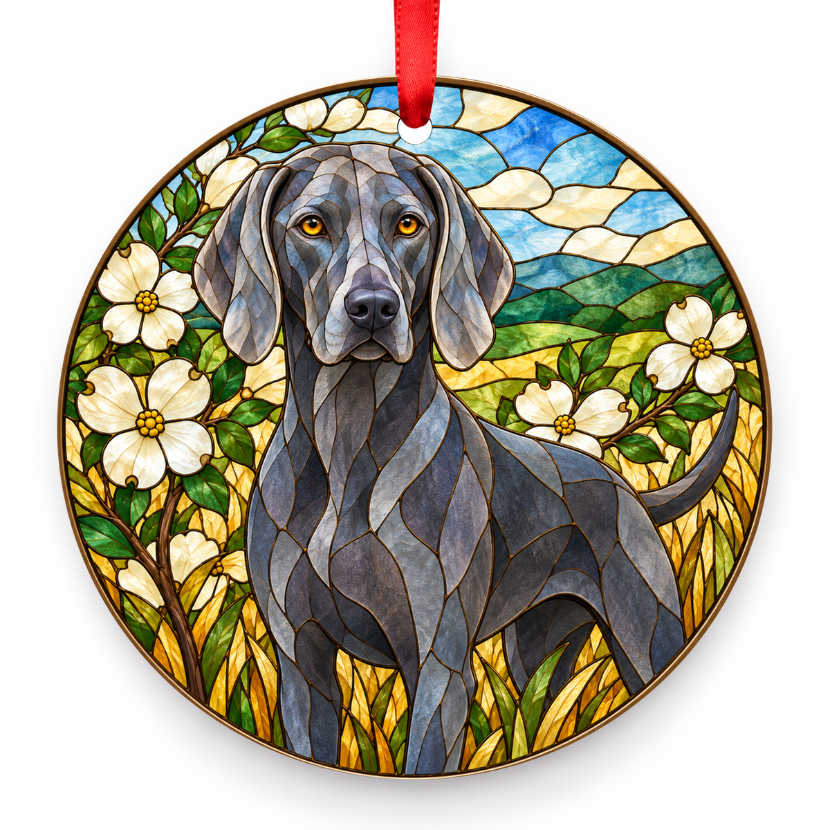Blue - Meadow Weimaraner stained glass style porcelain Christmas ornament with red ribbon