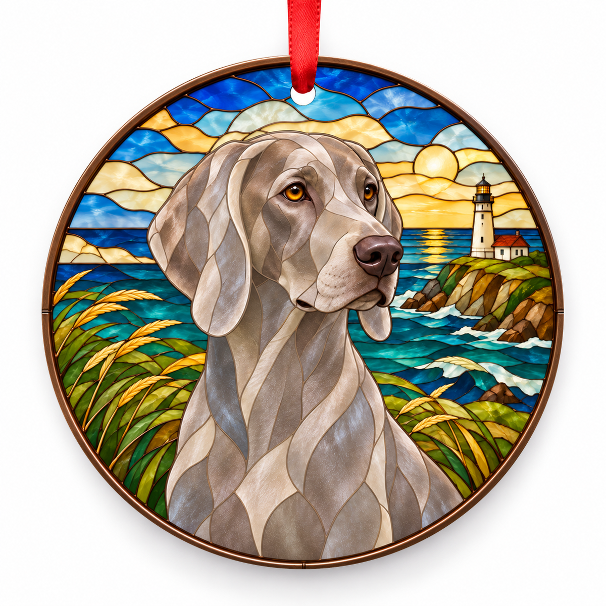 Silver - Lighthouse Weimaraner stained glass style porcelain Christmas ornament with red ribbon