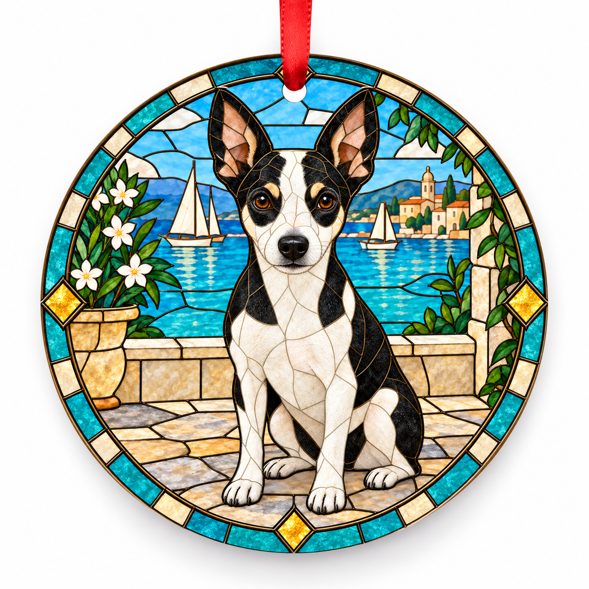 Black and White - Harbor Valencian Terrier stained glass style porcelain Christmas ornament with red ribbon