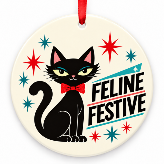 Feline Festive Christmas Ornament – Retro 1950s Black Cat with red hanging ribbon