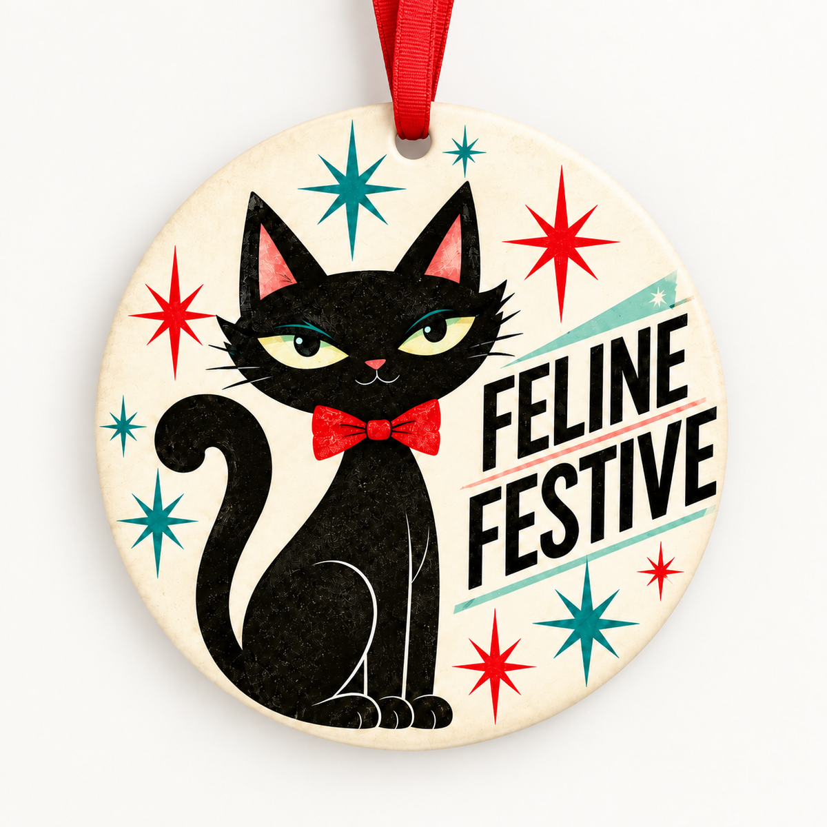 Feline Festive Retro 1950s Christmas Ornament with red hanging ribbon