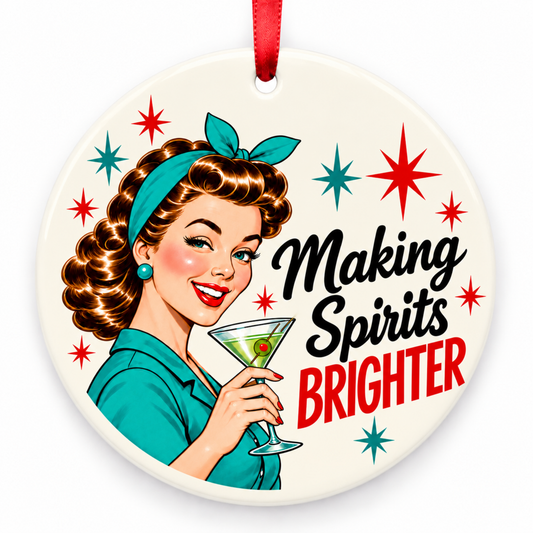 Making Spirits Brighter Christmas Ornament – Retro 1950s Cocktail with red hanging ribbon