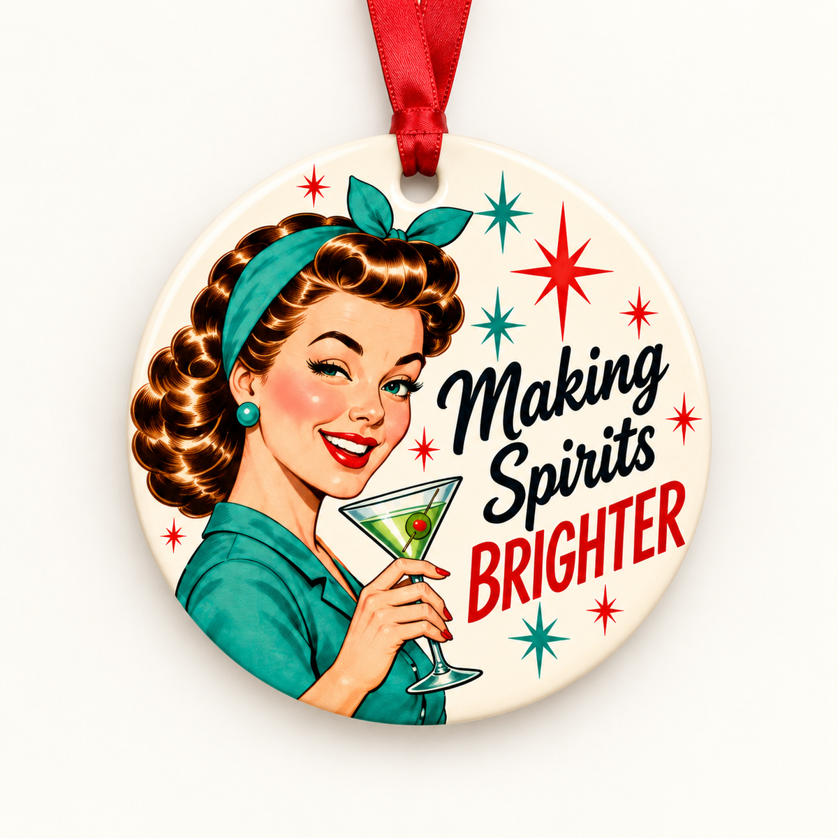 Making Spirits Brighter Retro 1950s Christmas Ornament with red hanging ribbon