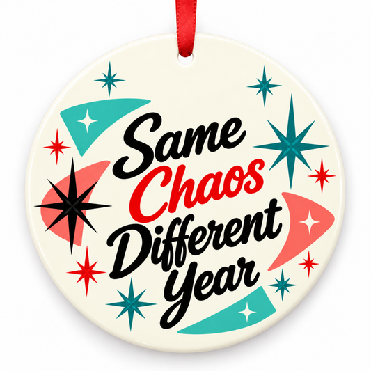 Same Chaos Different Year Christmas Ornament – Retro 1950s Funny Holiday with red hanging ribbon