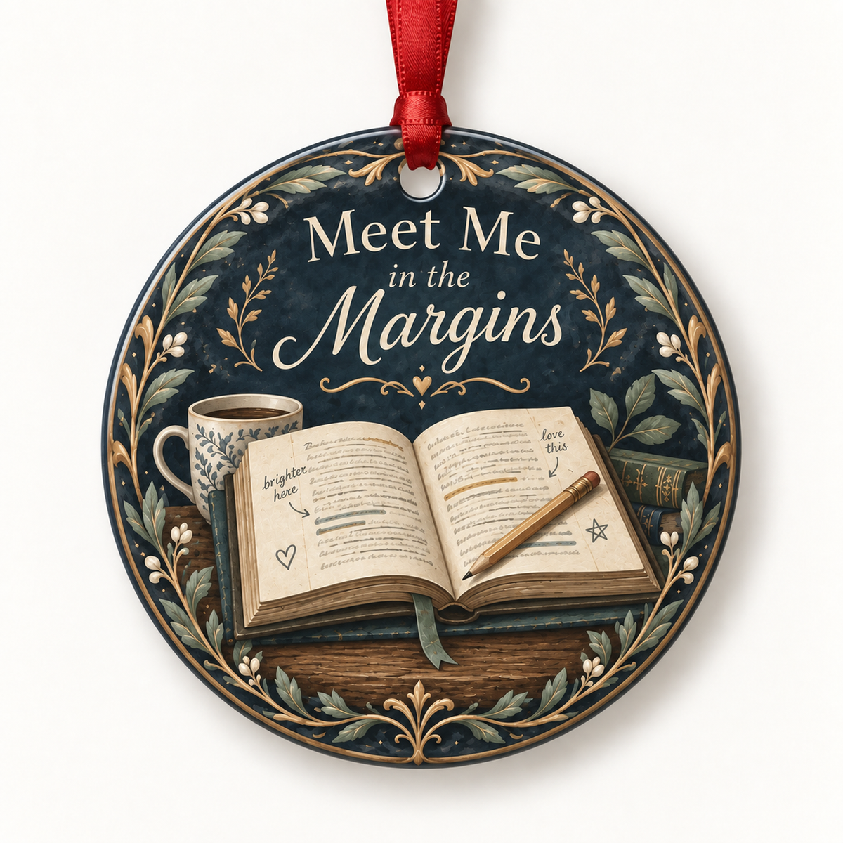 Meet Me in the Margins book lover Christmas ornament