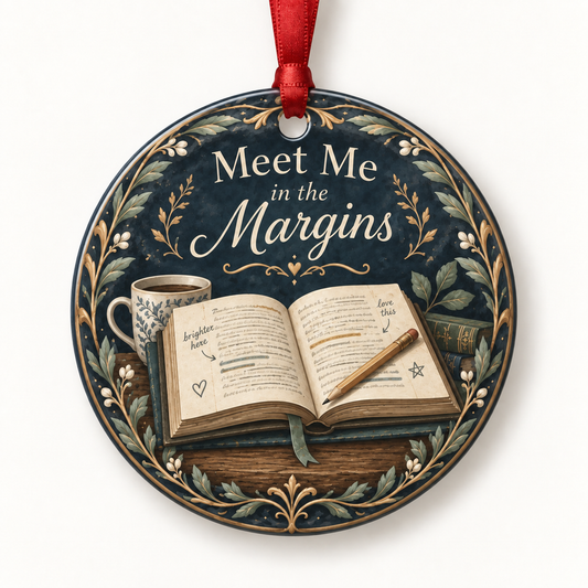 Meet Me in the Margins book lover Christmas ornament