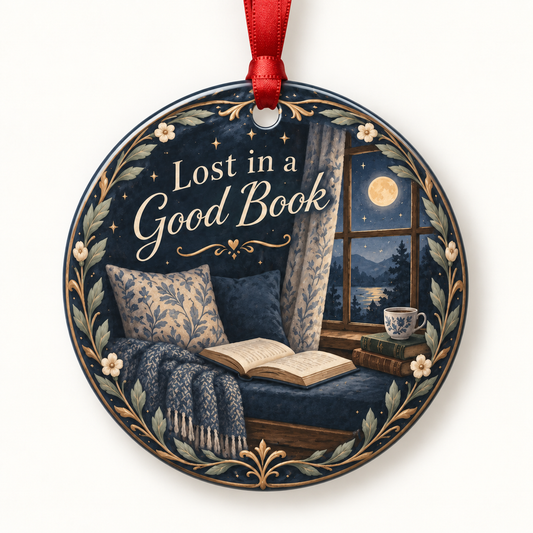 Lost in a Good Book book lover Christmas ornament