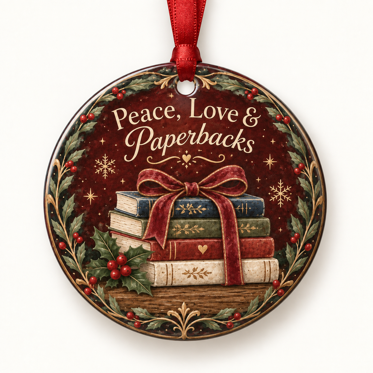 Peace, Love & Paperbacks book lover Christmas ornament