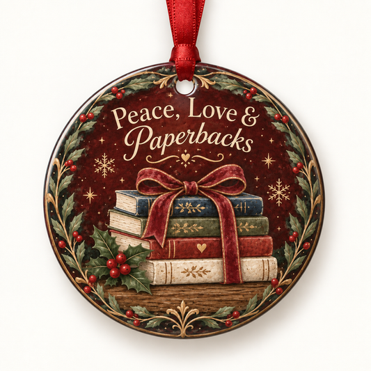 Peace, Love & Paperbacks book lover Christmas ornament