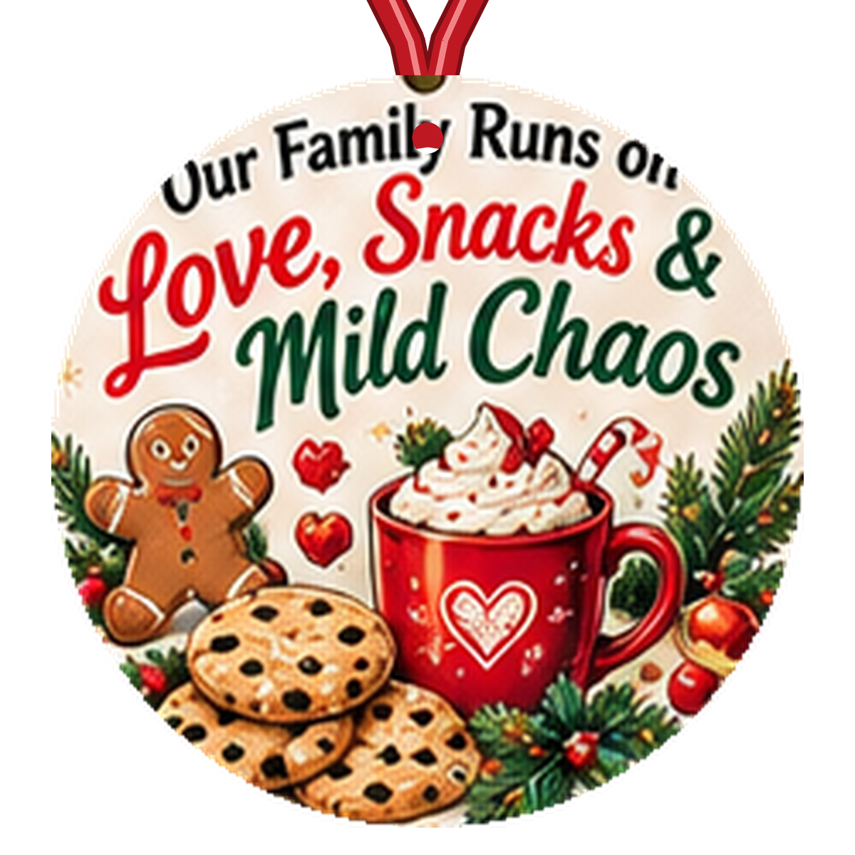 Our Family Runs on Love, Snacks & Mild Chaos Christmas Ornament