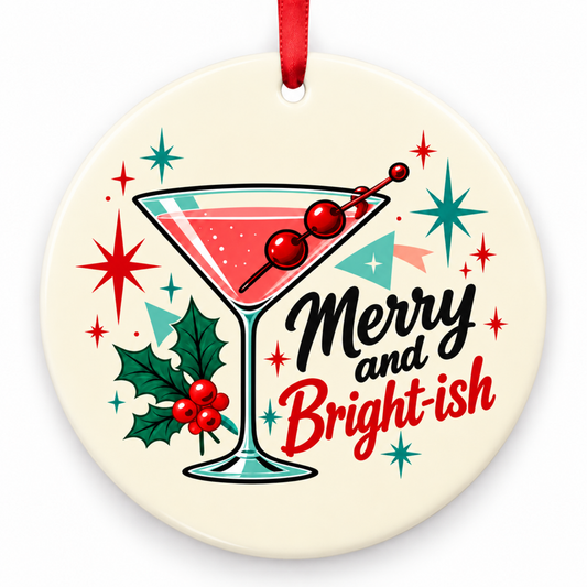 Merry and Bright-ish Christmas Ornament – Retro 1950s Cocktail with red hanging ribbon