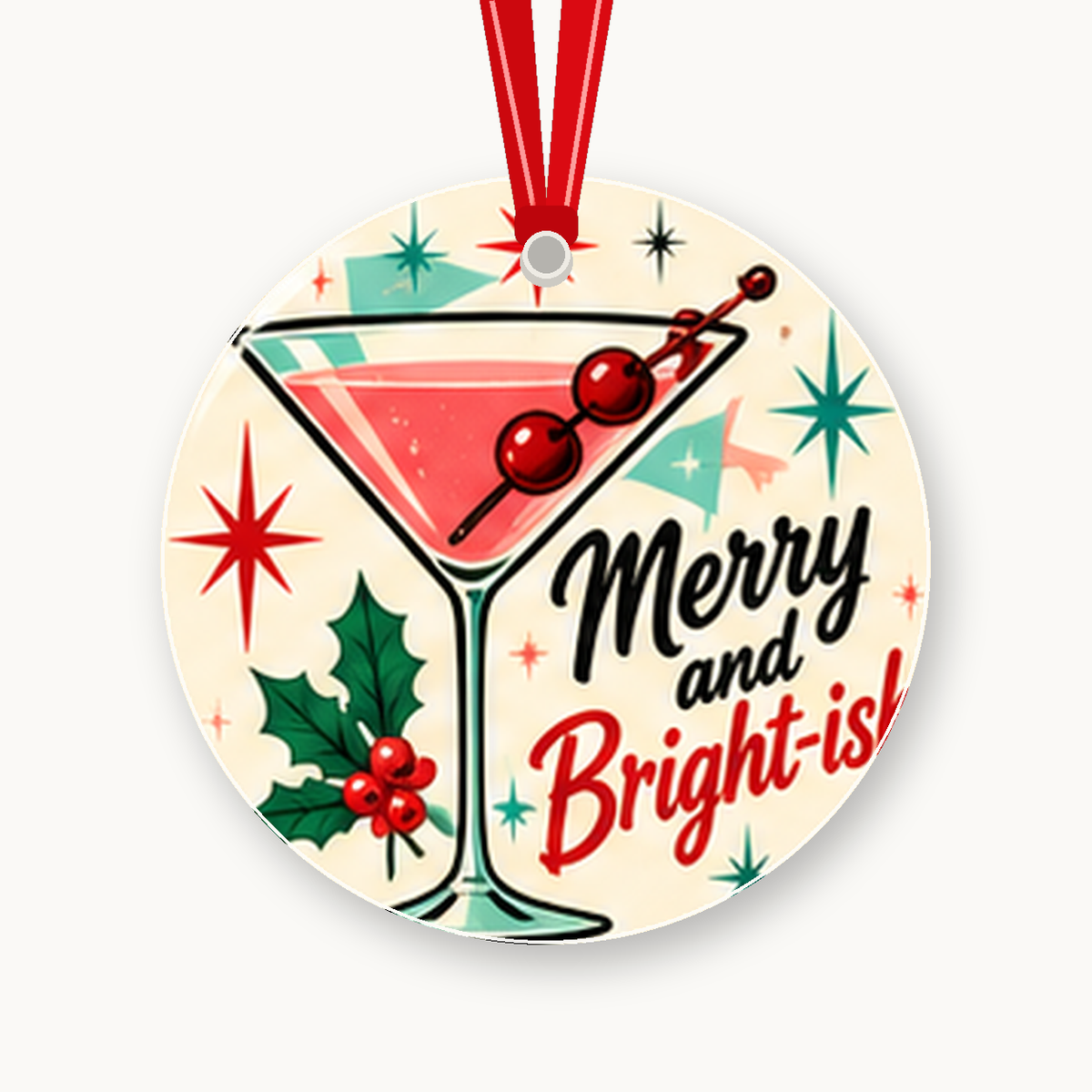 Merry and Bright-ish Retro 1950s Christmas Ornament with red hanging ribbon