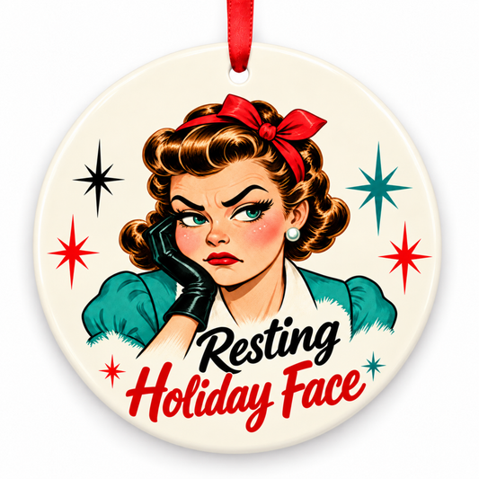 Resting Holiday Face Christmas Ornament – Retro 1950s Funny Holiday with red hanging ribbon