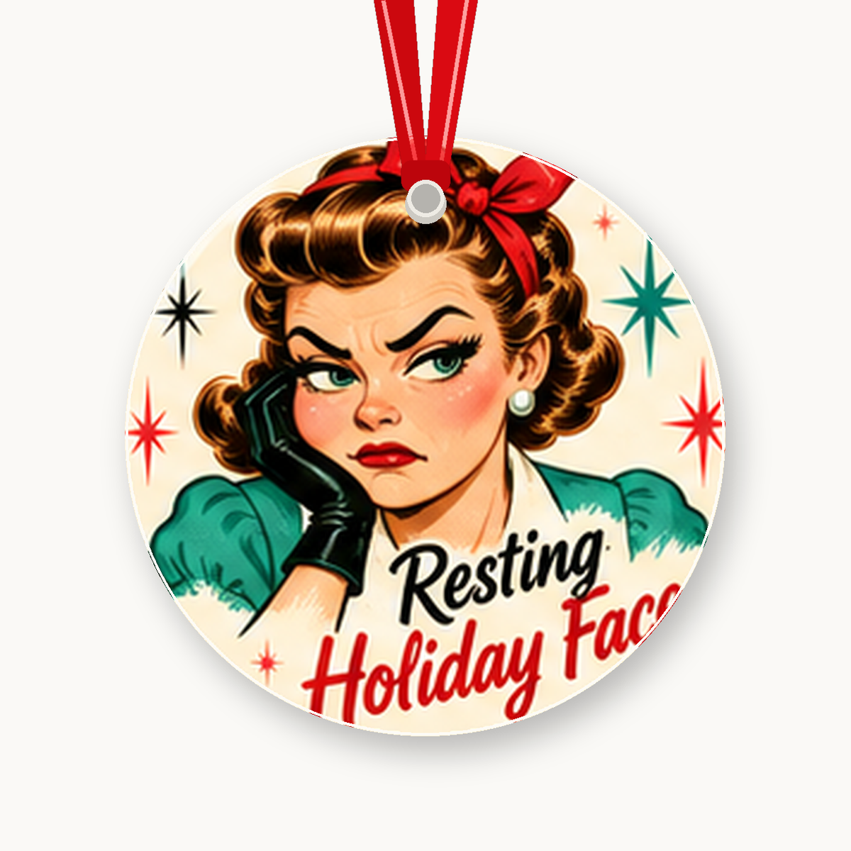 Resting Holiday Face Retro 1950s Christmas Ornament with red hanging ribbon