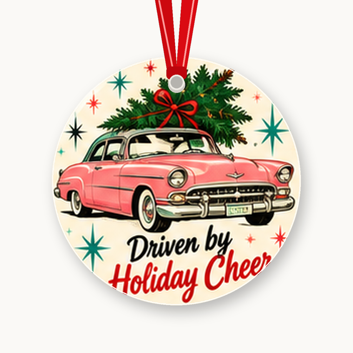 Driven by Holiday Cheer Retro 1950s Christmas Ornament with red hanging ribbon