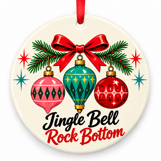 Jingle Bell Rock Bottom Christmas Ornament – Retro 1950s Funny Holiday with red hanging ribbon