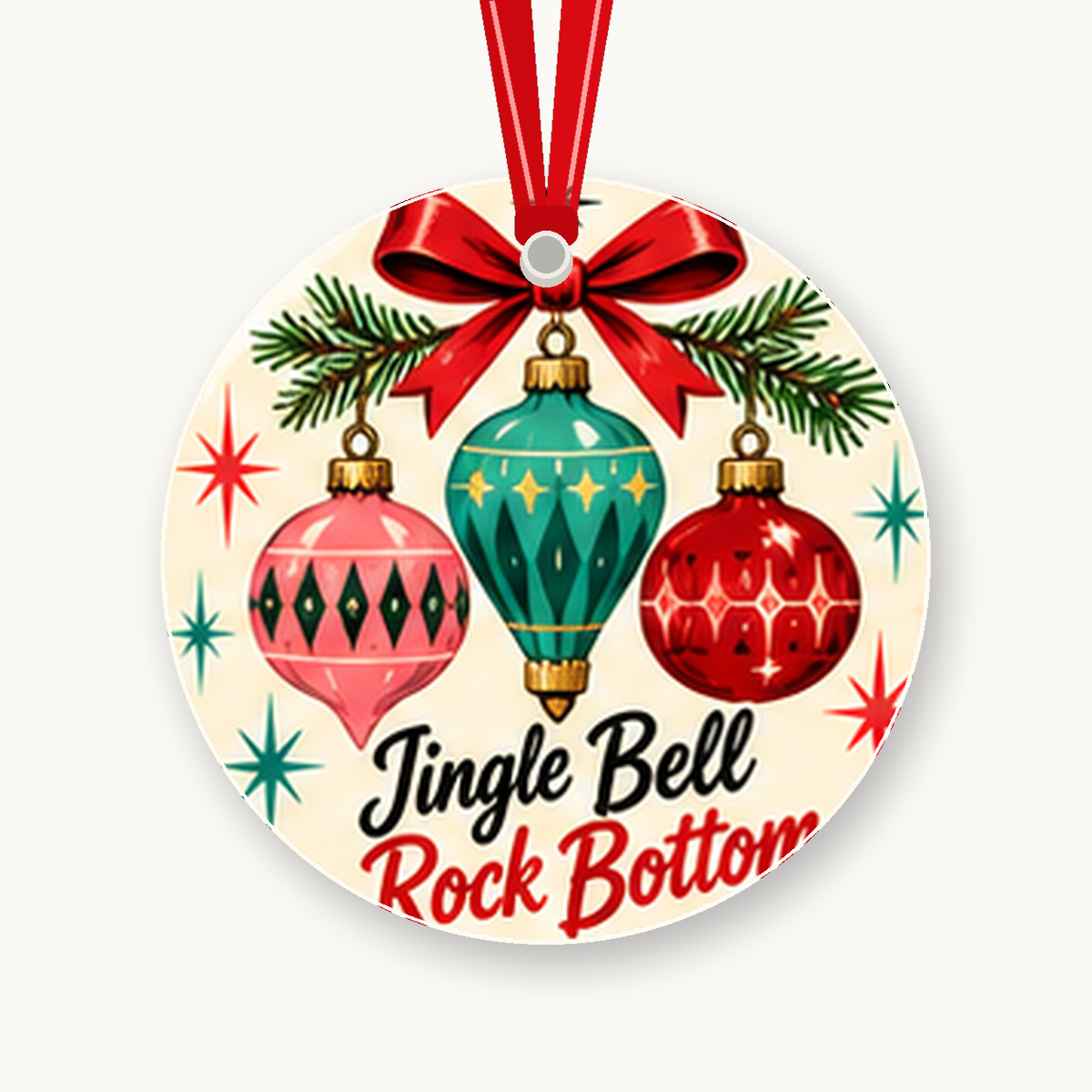 Jingle Bell Rock Bottom Retro 1950s Christmas Ornament with red hanging ribbon