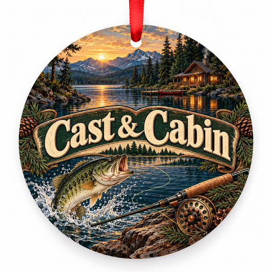 Cast & Cabin fishing Christmas ornament, round full-color artwork with red ribbon on white background.