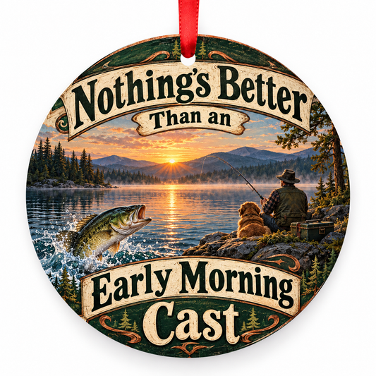 Nothing's Better Than an Early Morning Cast fishing Christmas ornament, round full-color artwork with red ribbon on white background.