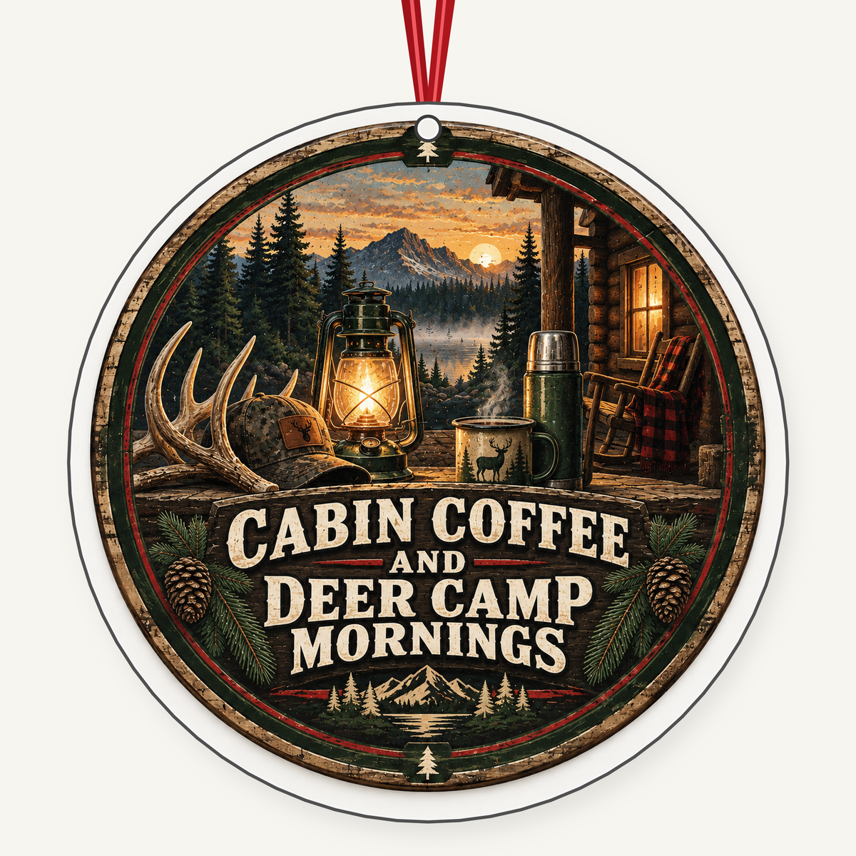 Cabin Coffee and Deer Camp Mornings hunting Christmas ornament