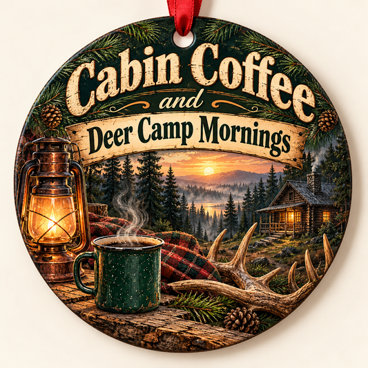 Cabin Coffee and Deer Camp Mornings hunting Christmas ornament
