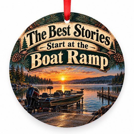 The Best Stories Start at the Boat Ramp fishing Christmas ornament, round full-color artwork with red ribbon on white background.