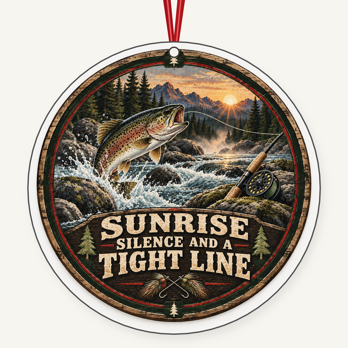 Sunrise Silence and a Tight Line fishing Christmas ornament