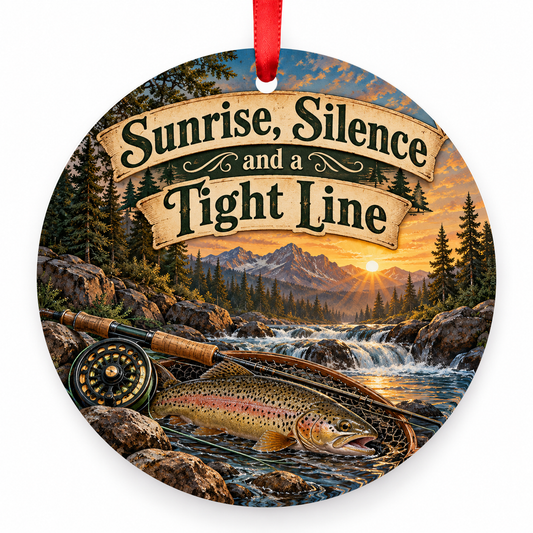 Sunrise, Silence and a Tight Line fishing Christmas ornament, round full-color artwork with red ribbon on white background.
