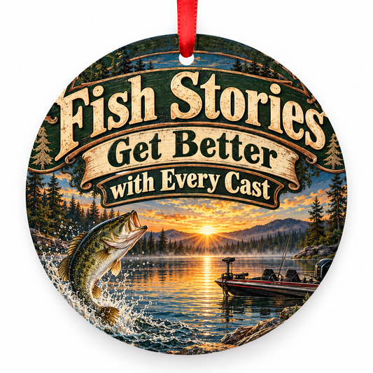 Fish Stories Get Better with Every Cast fishing Christmas ornament, round full-color artwork with red ribbon on white background.