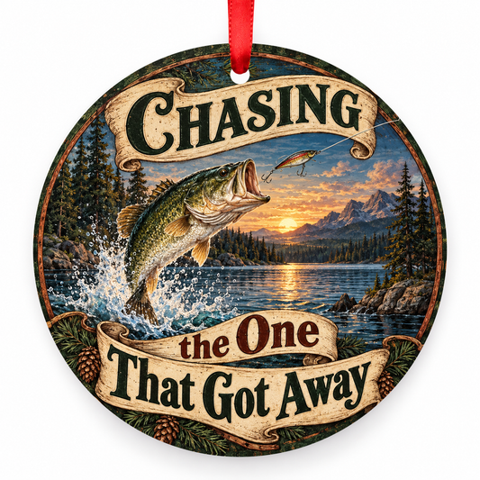 Chasing the One That Got Away fishing Christmas ornament, round full-color artwork with red ribbon on white background.