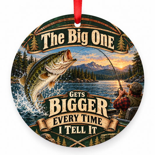 The Big One Gets Bigger Every Time I Tell It fishing Christmas ornament, round full-color artwork with red ribbon on white background.