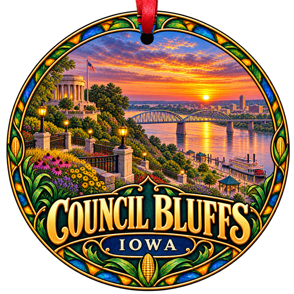 Council Bluffs Iowa stained-glass-style Christmas ornament
