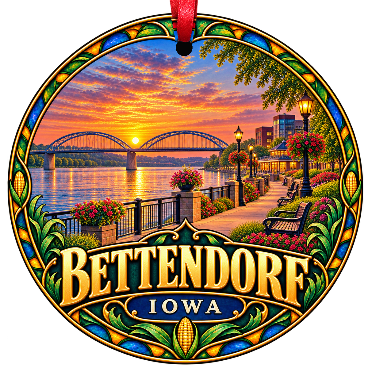 Bettendorf Iowa stained-glass-style Christmas ornament