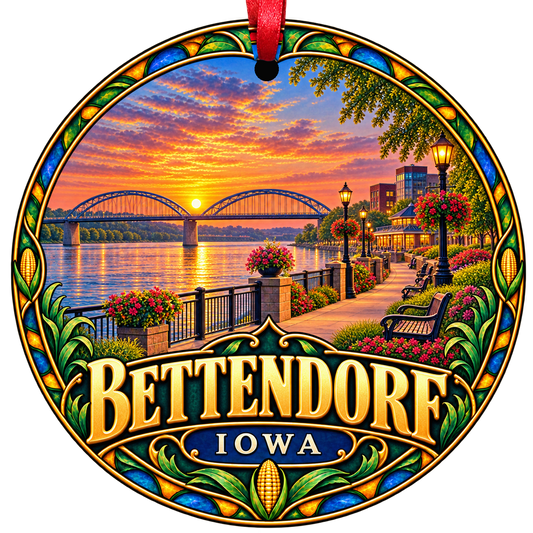 Bettendorf Iowa stained-glass-style Christmas ornament