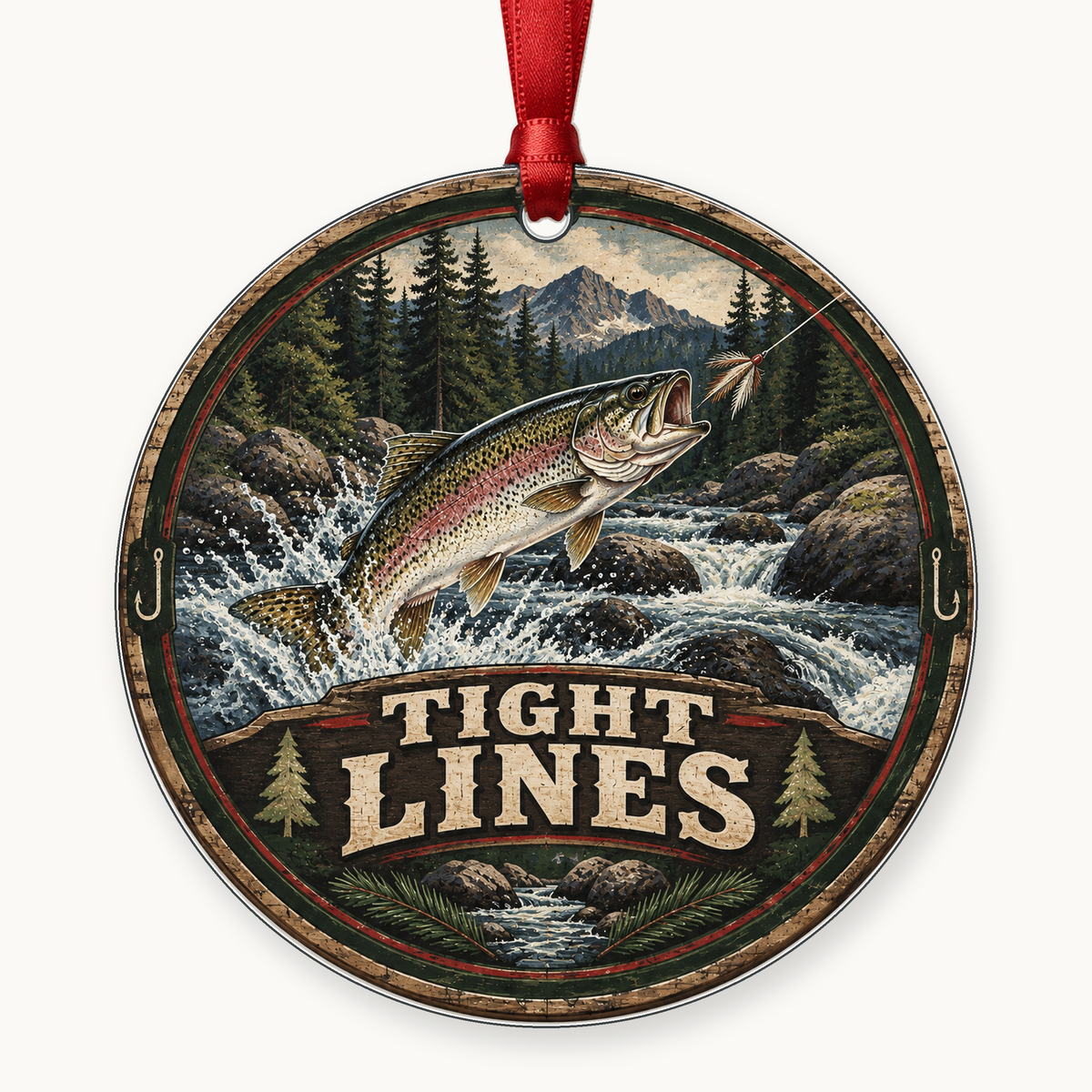 Tight Lines fishing Christmas ornament with red satin ribbon