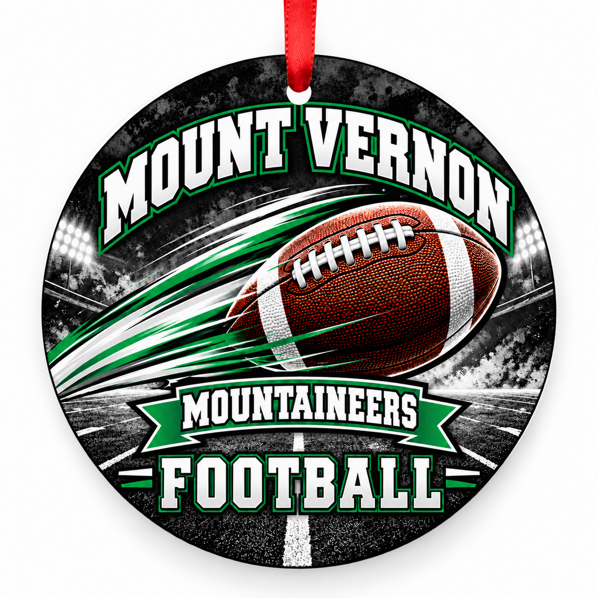 Mount Vernon Mountaineers football Christmas ornament in green and white, red ribbon, Mount Vernon Missouri