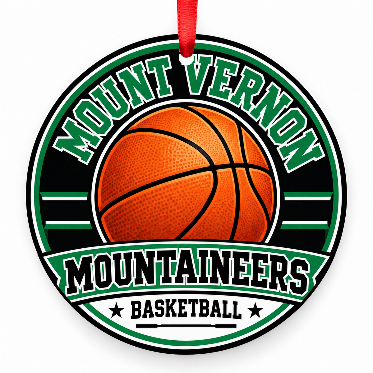 Mount Vernon Mountaineers basketball Christmas ornament in green and white, red ribbon, Mount Vernon Missouri