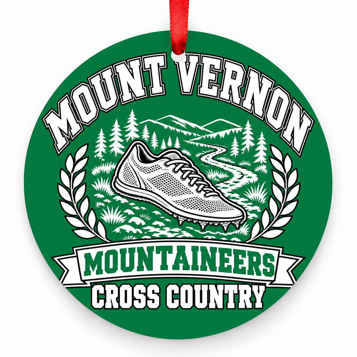 Mount Vernon High School Mountaineers Cross Country Christmas ornament in green and white