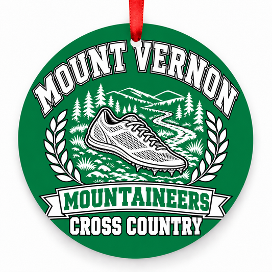 Mount Vernon High School Mountaineers Cross Country Christmas ornament in green and white