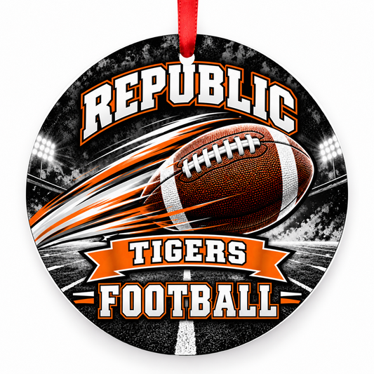 Republic Tigers football Christmas ornament in orange and black, red ribbon, Republic Missouri