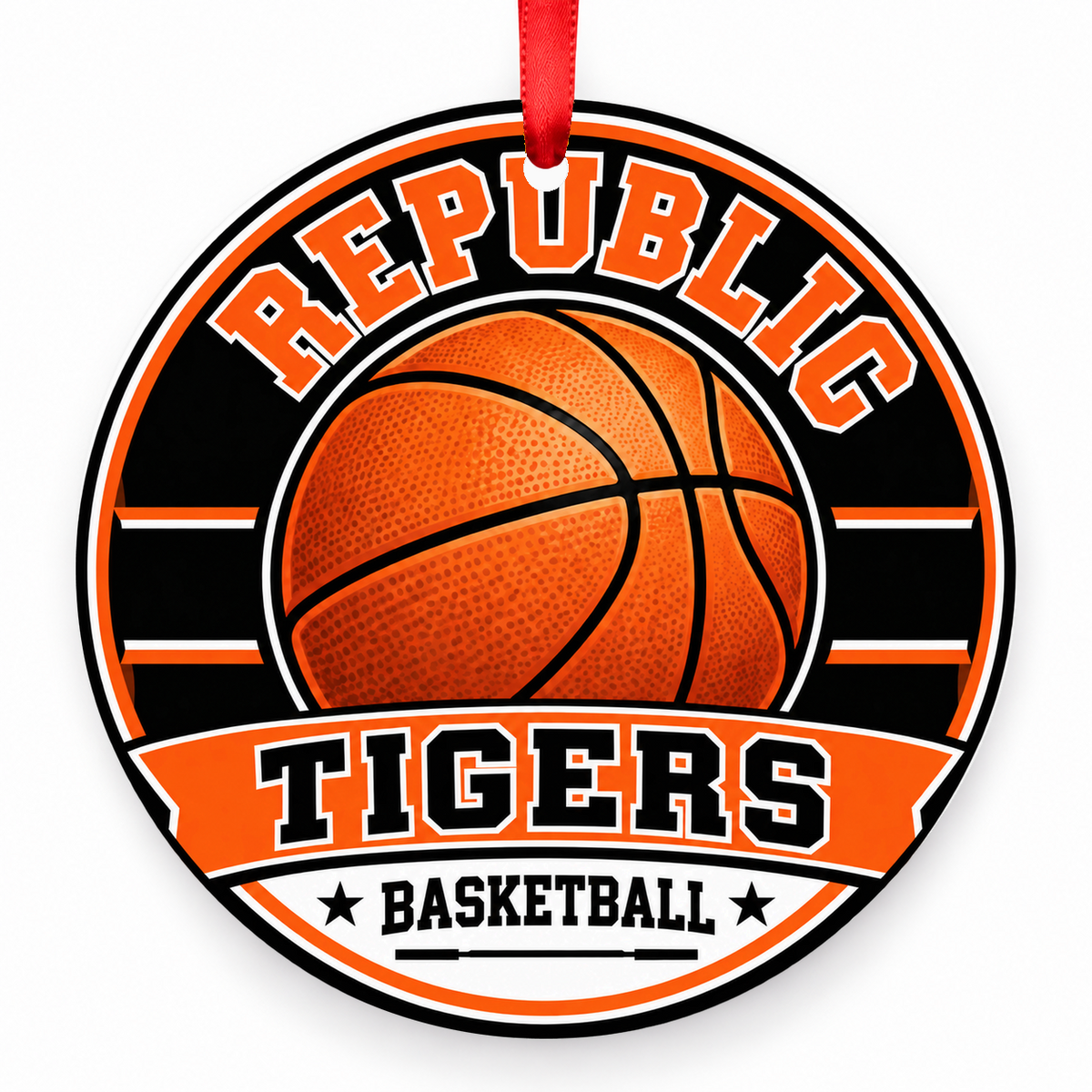 Republic Tigers basketball Christmas ornament in orange and black, red ribbon, Republic Missouri