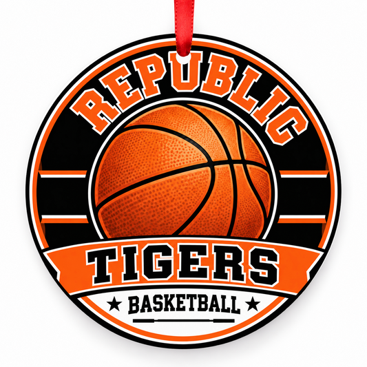 Republic Tigers basketball Christmas ornament in orange and black, red ribbon, Republic Missouri
