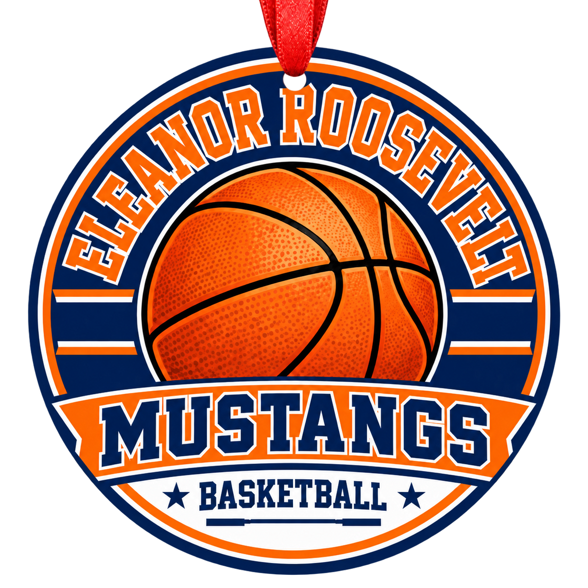 Eleanor Roosevelt High School Mustangs basketball Christmas ornament with red hanging ribbon, Eastvale, California