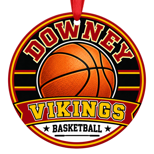 Downey High School Vikings basketball Christmas ornament with red hanging ribbon, Downey, California