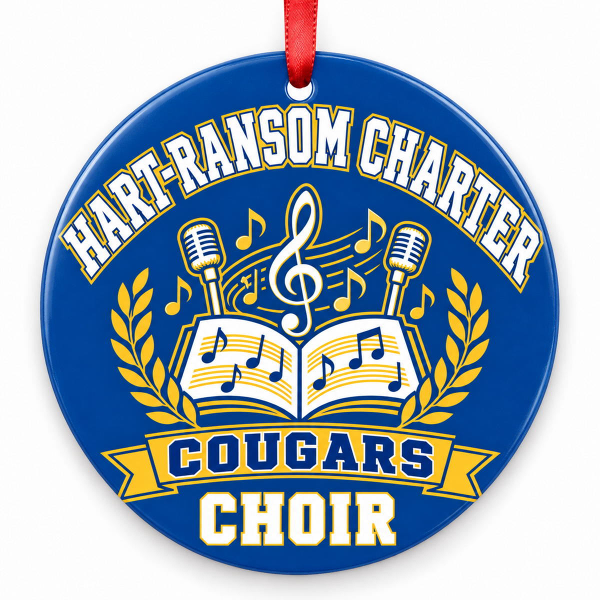 Hart-Ransom Charter Cougars Choir ornament, microphones and sheet music design, in blue, white and gold with red ribbon