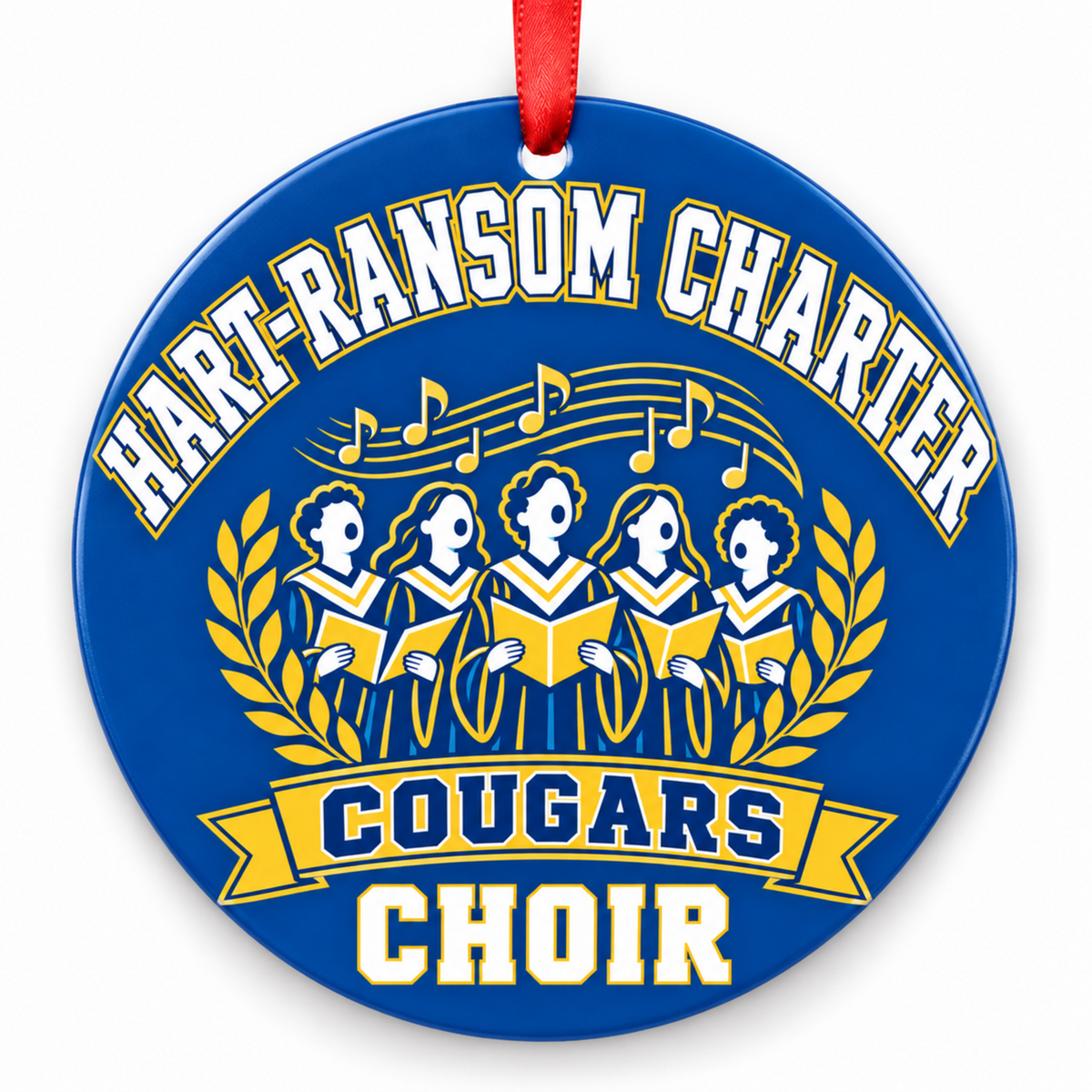 Hart-Ransom Charter Cougars Choir ornament, singing ensemble design, in blue, white and gold with red ribbon