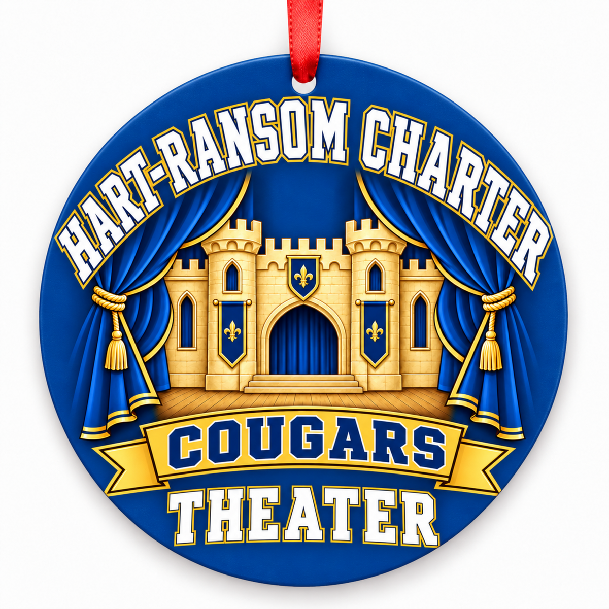 Hart-Ransom Charter Cougars Theater Christmas Ornament, Castle Stage, blue, white and gold flat round ornament with red satin ribbon