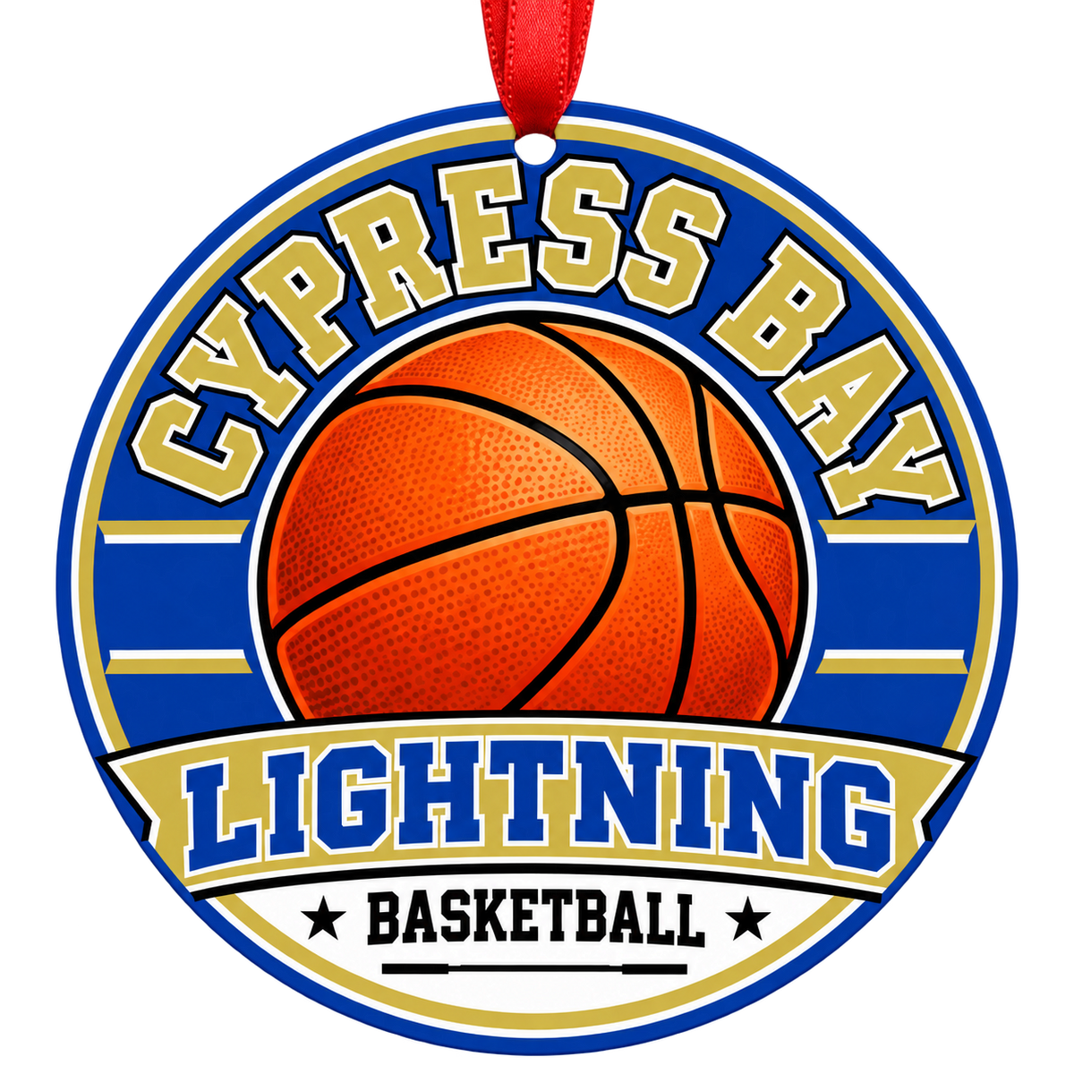 Cypress Bay High School Lightning basketball Christmas ornament with red hanging ribbon, Weston, Florida